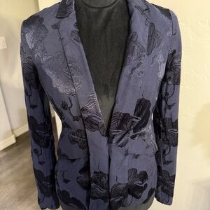 Anthropologie Elevenses Navy Blue Floral Satin Soft Brocade Blazer. Size 4
